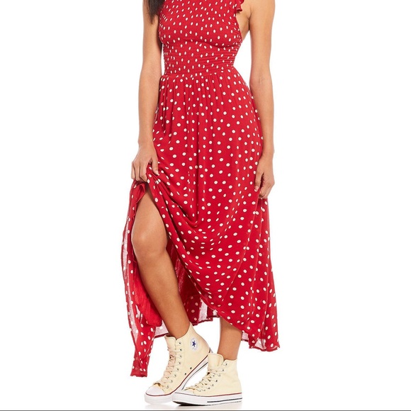 Free People Red Polka Dot Smocked Midi Dress - Picture 2 of 6
